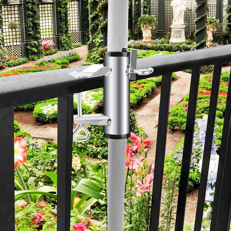 Parasolhouder voor balkon, instelbaar, parasol, balkonhouder, parasolstandaard van metaal, vaste clip, verzinkte parasolvoet, paraplustandaard, diameter 25-38 mm, voor balkon, terras, tafel,
