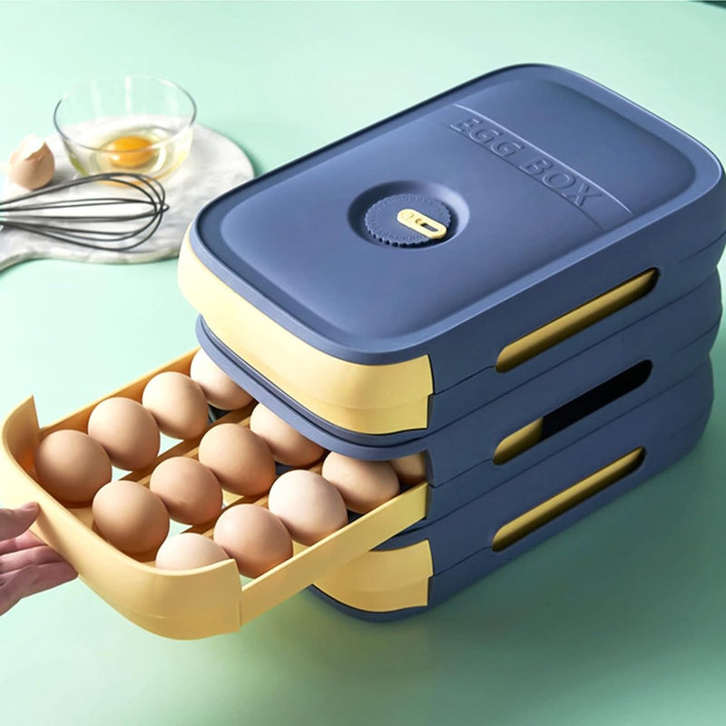 Eierhouder, eierbewaardoos, eierbox met lade, stapelbare eierhouder, automatische eierbox, multifunctionele eierbox voor koelkast, keuken