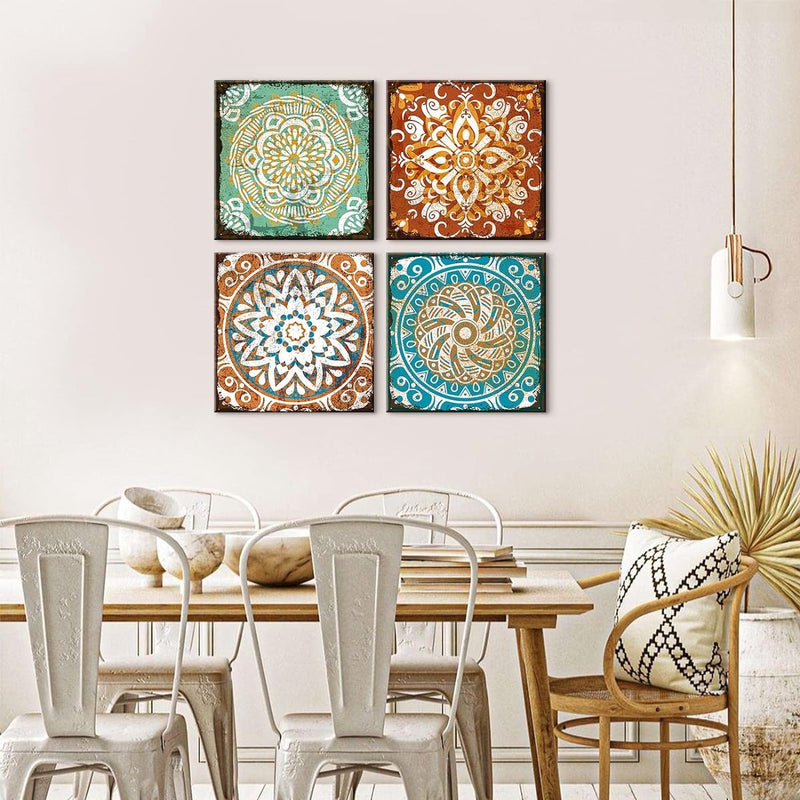 4-delige canvasafbeeldingen met houten lijst, canvasafbeeldingen 30 x 30 cm, moderne muurafbeeldingen, kunstdruk, wanddecoratie voor woonkamer, slaapkamer, huis, kantoor, eetkamer (Mandala)