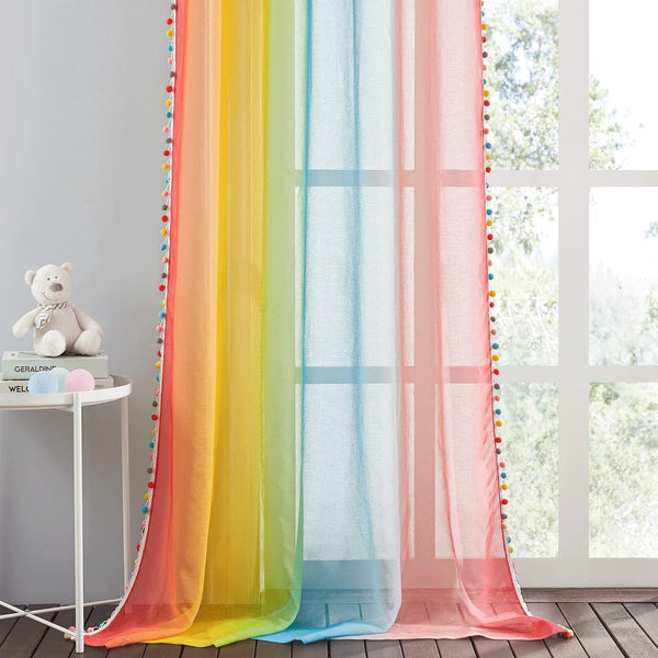 Kinderkamergordijnen transparant ringgordijnen set van 2 H 220 x B 132 cm linnenlook gordijnen met kleurverloop en kleurrijke pompons regenbooggordijn linnenlook transparant
