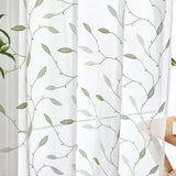 Sheer Gordijnen, voile, gordijnen met oogjes, borduurwerk, transparant, gordijn met ogen, gaas, voor woonkamer, slaapkamer, set van 2, groen op wit, 140 x 145 cm