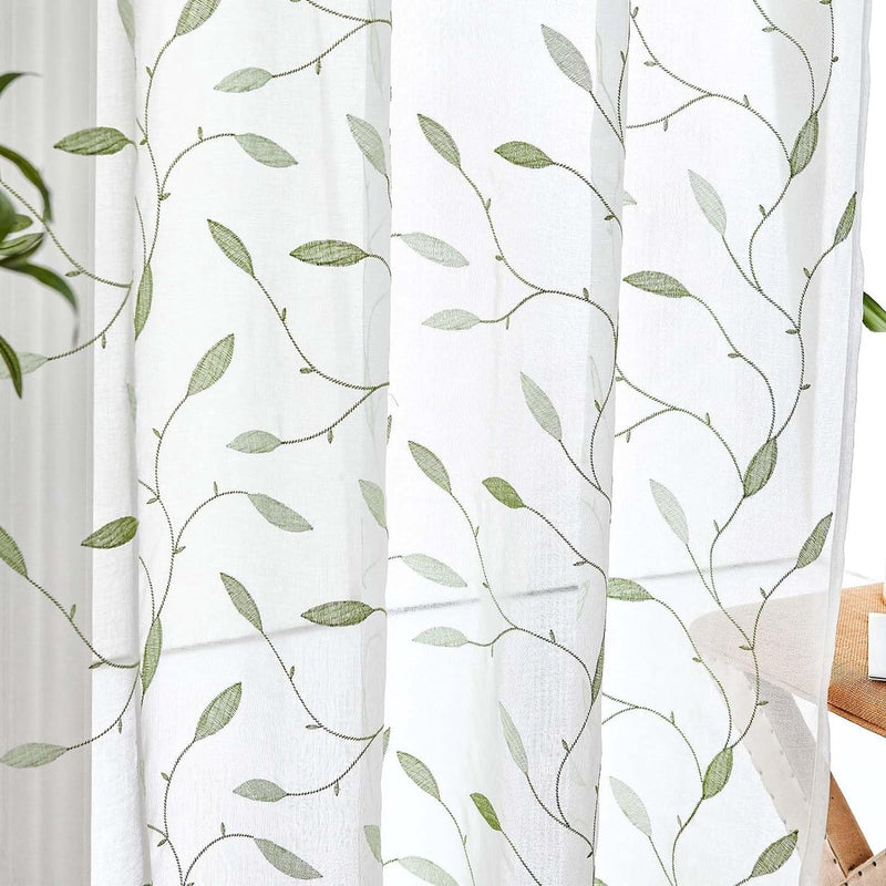 Sheer Gordijnen, voile, gordijnen met oogjes, borduurwerk, transparant, gordijn met ogen, gaas, voor woonkamer, slaapkamer, set van 2, groen op wit, 140 x 145 cm