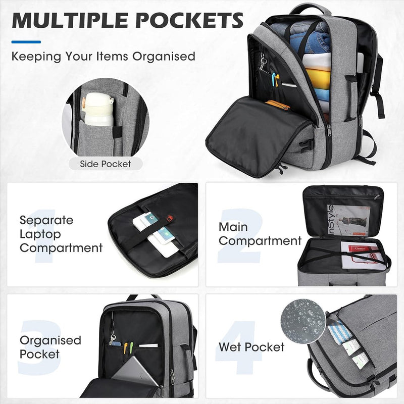 Reisrugzak voor heren en dames, handbagage, rugzak, vliegtuig, grote laptoprugzak, 17 inch, waterdichte dagrugzak, weekendrugzak, zakelijke rugzak
