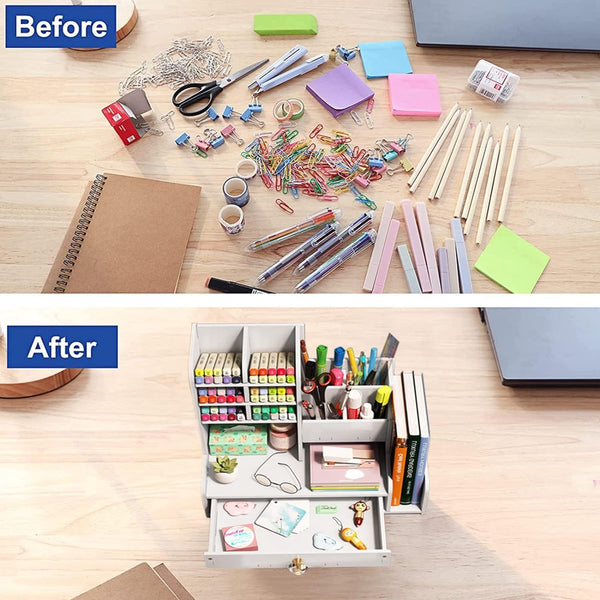 Bureau-organizer met lade, wit, pennenhouder met hoge capaciteit, bureau, doe-het-zelf desktop nette kantoororganizer, pennenorganizer voor kantoor, school en thuis