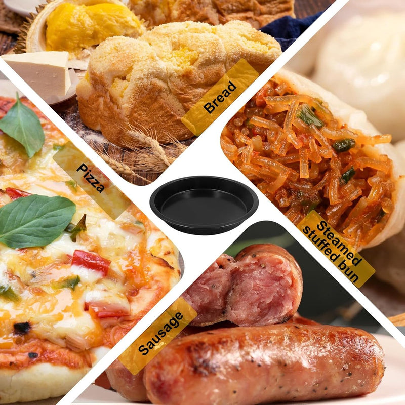 Set van 4 ronde pizzaplaten, 18,1 x 15 x 2,5 cm koolstofstalen pizzaplaat met 2 siliconenborstels voor taarten, pizza, brood, taarten, koekjes, bakken (zwart)