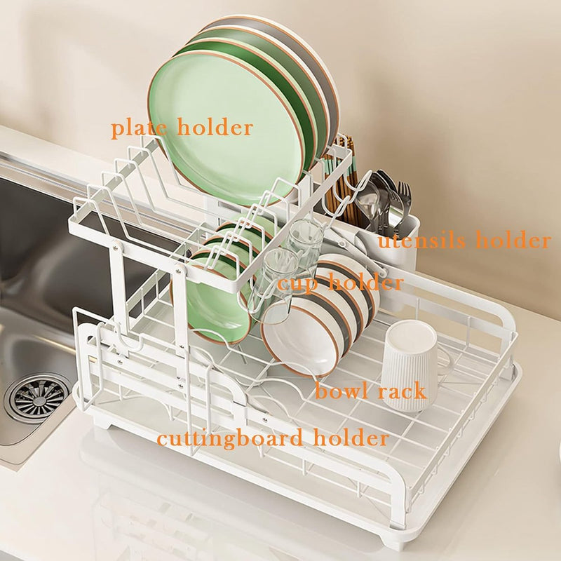 Afdruiprek Opvouwbare Afdruiprek met Druppelbord 2 Niveaus Afdruiprek met Gebruiksvoorwerphouder, Snijplankhouder Metalen Afdruiprek voor aanrecht (wit)