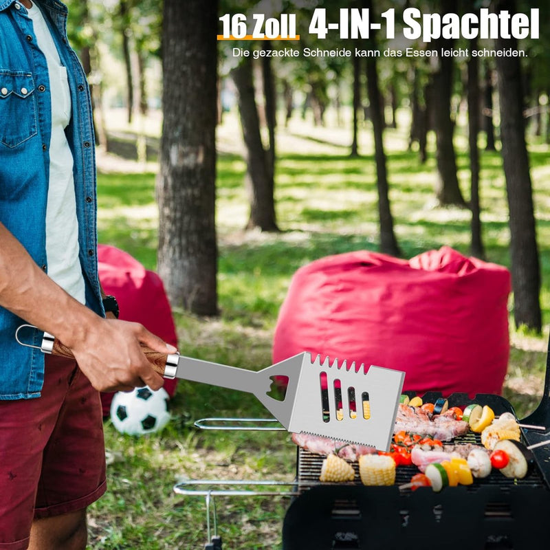 26 stuks roestvrij stalen barbecue-accessoires, hoogwaardige BBQ-grillbestek, koffer, perfecte grillgereedschapsset voor mannen, cadeau met draagbare opbergkoffer en vleesthermometer, bruin