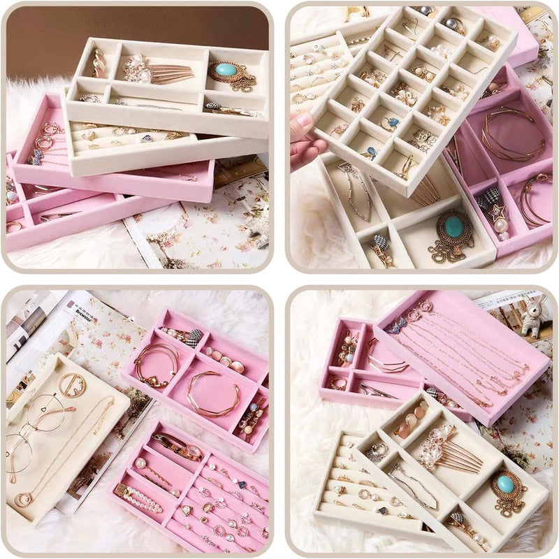 Set van 4 sieradenopbergladen, sieradenbakje, sieradendoosje, fluwelen sieradenorganizer, stapelbaar, sieradenorganizers voor sieraden, oorbellen, armband, ringenopslag (beige)