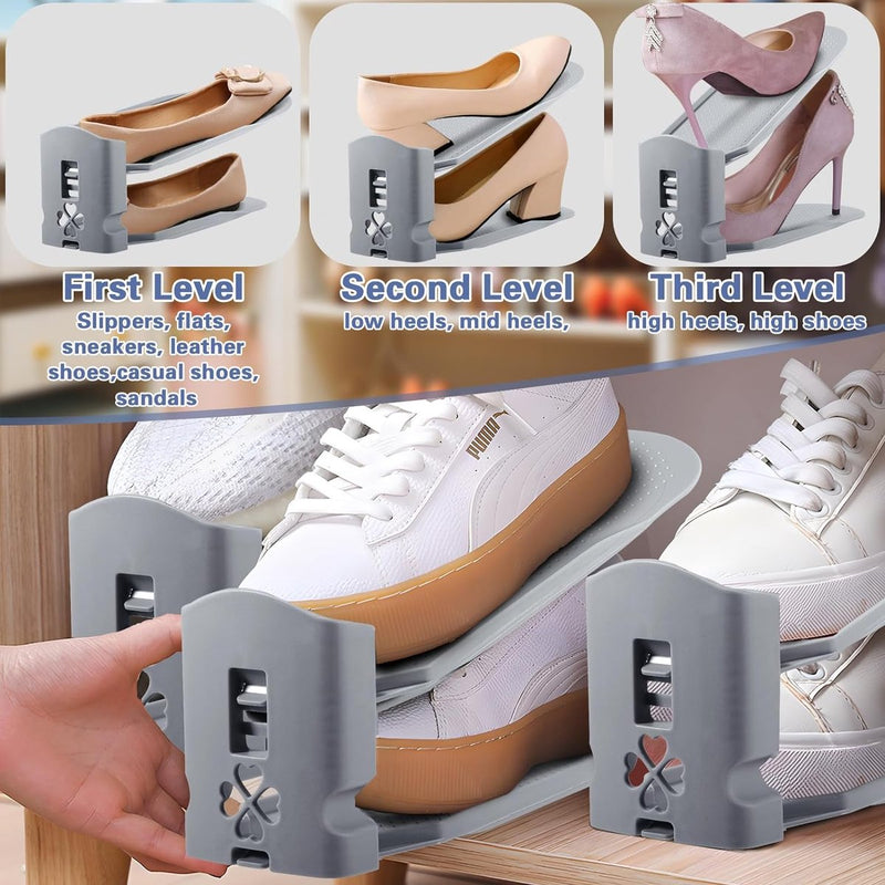 10 stuks verstelbare schoenenrekken, schoenenhouderset, 3 in hoogte verstelbaar, afneembaar, ruimtebesparend, antislip, kunststof (grijs)