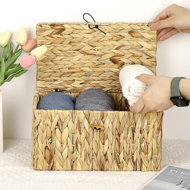 Natuurlijke opbergmand van waterhyacint zeegras, geweven waterdichte opbergkist met deksel in de woonkamer, keuken, kledingkast voor kleding, boeken, groenten, cosmetica, 31 x 18 x 16 cm