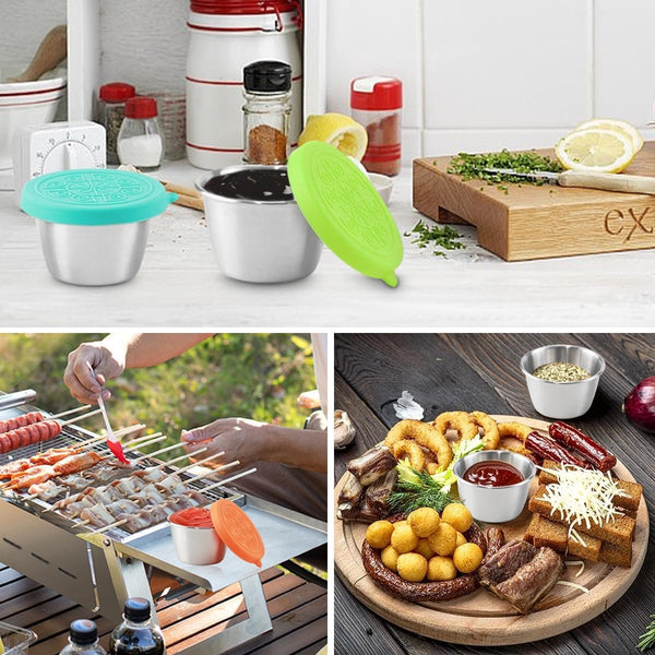 Saladecontainer, 6 x 70 ml kleine roestvrijstalen kruidencontainer, voedselopslagcontainers met deksel, dressingcontainer, herbruikbare mini-sauscontainer, snackdoos, voedselcontainerset