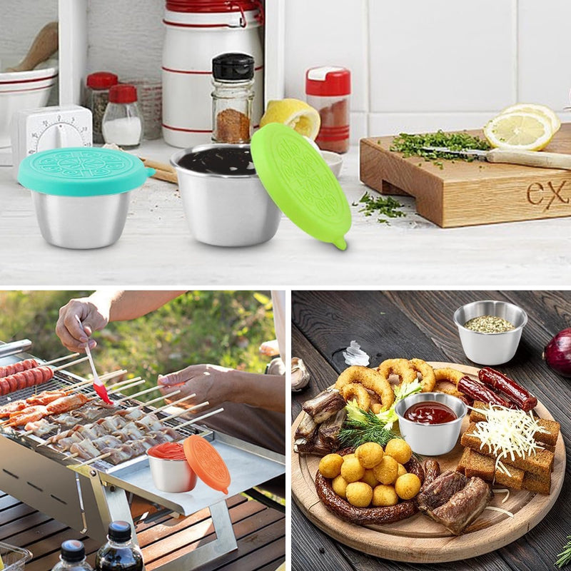 Saladecontainer, 6 x 70 ml kleine roestvrijstalen kruidencontainer, voedselopslagcontainers met deksel, dressingcontainer, herbruikbare mini-sauscontainer, snackdoos, voedselcontainerset