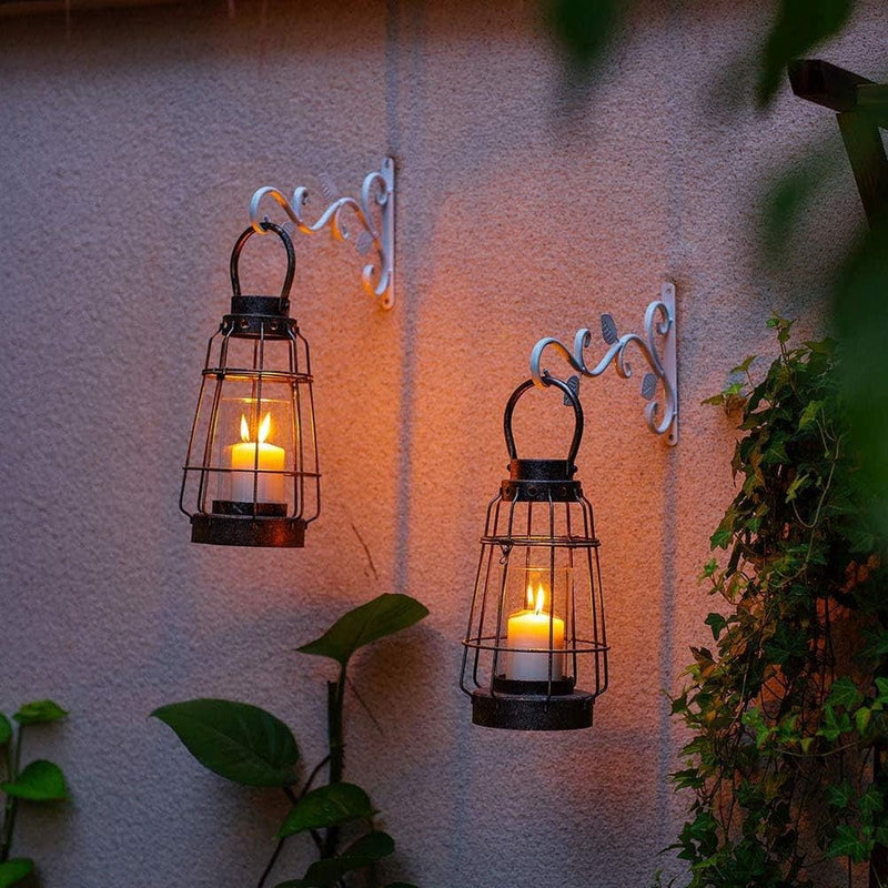 2 stuks houder voor bloemhouders, wandhouders hangmanden, lantaarn wandhouder uit, hangende ijzeren kunst buiten met bladpatroon hangende mand voor tuinvogelhuisjes, windspel (wit)