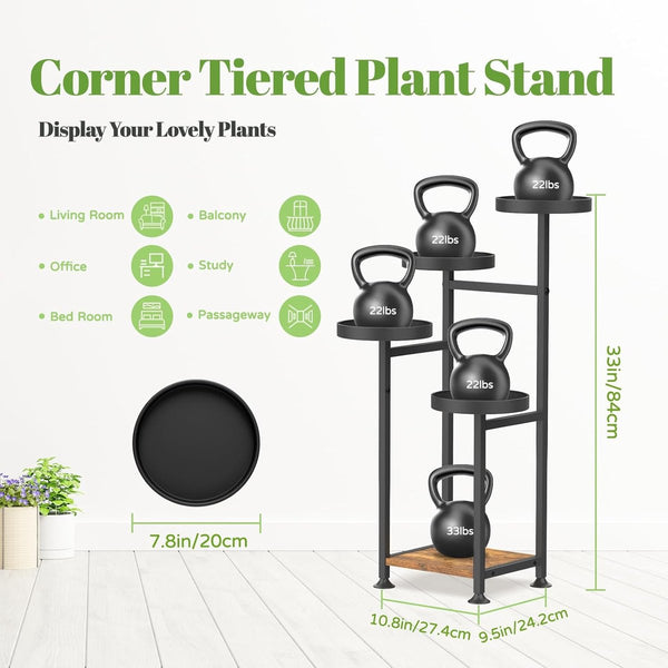 Plantenstandaard met 5 etages, hout, metaal, voor binnen en buiten, hoek bloemenstandaard, plantenrek voor meerdere planten, modern bloemenrek voor terras, tuin, balkon, woonkamer (zwart)