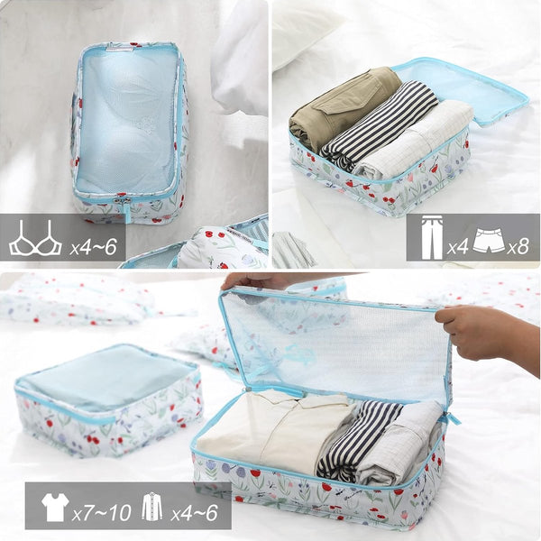 Kledingtassenset, 6 stuks kofferorganizer, reiskubussen, pakzakken voor vakantie en reizen - bloemen