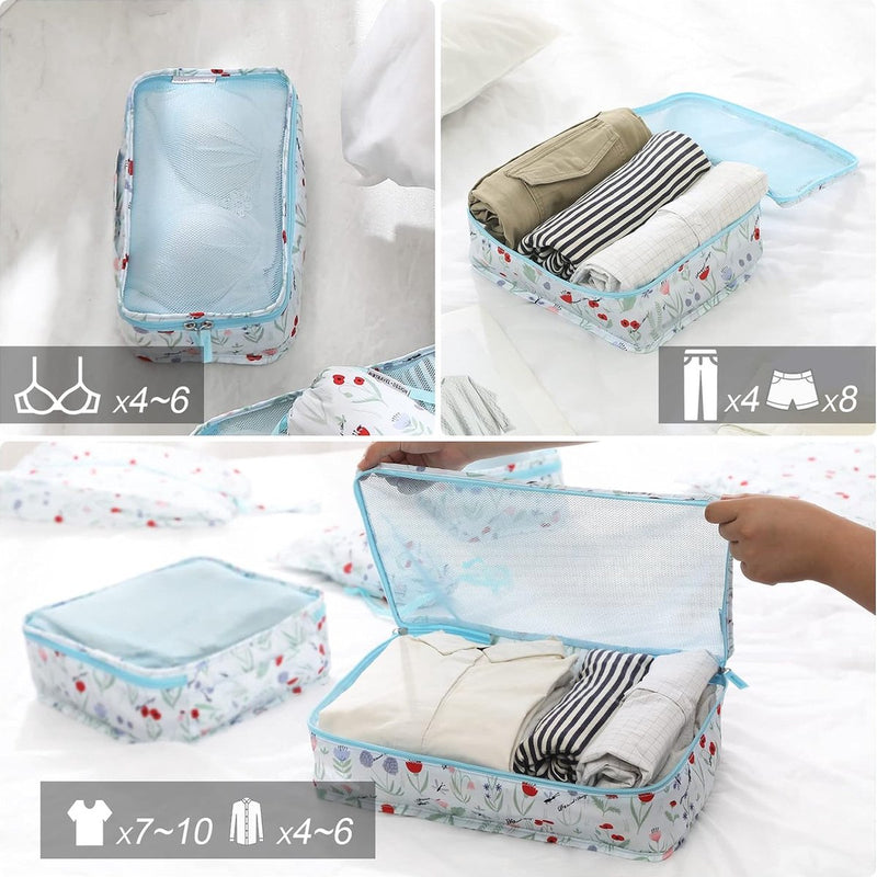 Kledingtassenset, 6 stuks kofferorganizer, reiskubussen, pakzakken voor vakantie en reizen - bloemen