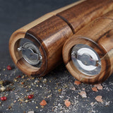 Zout- en pepermolenset met molenonderzetter, verstelbare keramische maalwerk, zoutmolen, roestvrijstalen maalwerk, pepermolen, acaciahout, 22 cm hoogte, bodem 5,5 cm