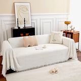 Grote banksprei voor 3-zitsbank met decoratieve kwastjes, dubbelzijdige bankhoes banksprei voor bank en bed, ruitpatroon met bladeren en bloemen - wit, 180 x 300 cm