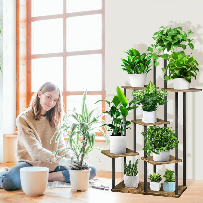 7-laags houten bloemenrek, plantenrek, meerdere verdiepingen, bloemenstandaard, bloemenbank, bloementrap, plantentrap, staand rek voor binnen, tuin, balkon, decoratie (zwart)