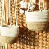 Hangende bloempotten, 20 cm, zeegras, plantenpot, hangende plantenmand, natuurlijk katoen, handgeweven bloemenhanger, plantenhanger met lang hangend touw voor binnen en buiten (groot)