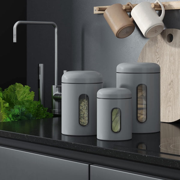 Voorraaddozen, set van 3, 1,9 l, met deksel en kijkvenster voor levensmiddelen, stabiele voorraadcontainer, metalen blikjes voor koffie, thee, ontbijtgranen, koffieblik,