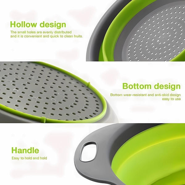 Opvouwbare zeef, keukenzeef, siliconen, inklapbare vergiet noedelzeef, keukenzeef, afwasbak van pasta, fruit, groenten, 2 maten (24,5 + 29,2 cm) (groen)
