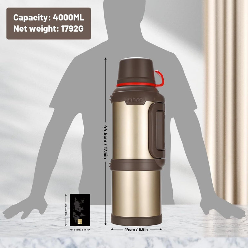 Thermosfles, thermoskan, 4,0 l, roestvrijstalen drinkfles, thermosfles met 3 drinkbekers, dubbelwandige isolatie, camping, waterfles met handvat, 24 uur warm en koud (goud)