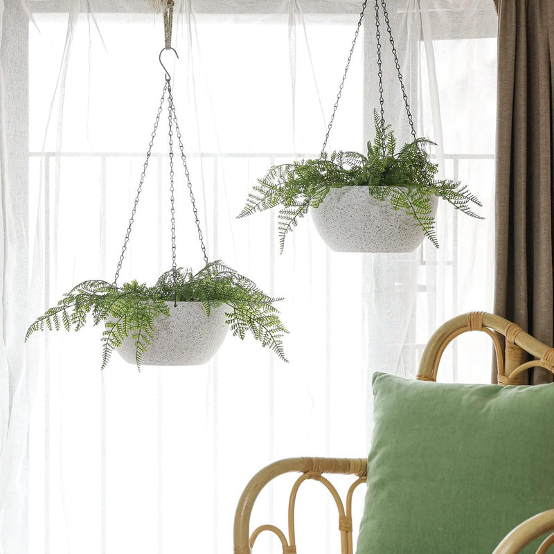 Bloempot, hangend, plastic, set van 2, diameter 25 cm, hangpot voor planten, wit, bloemenhanger met haak, rond, groot, voor binnen en buiten, decoratie, hangpot voor planten voor thuis, kantoor