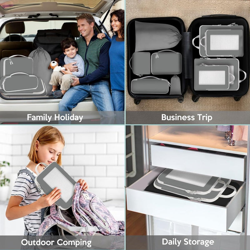 Kofferorganizerset met compressie, 9-delig, packing cubes compressie, reisorganizer voor koffer en rugzak, paktassen voor koffer, kofferorganizer, kledingtassen, verpakkingskubus, grijs