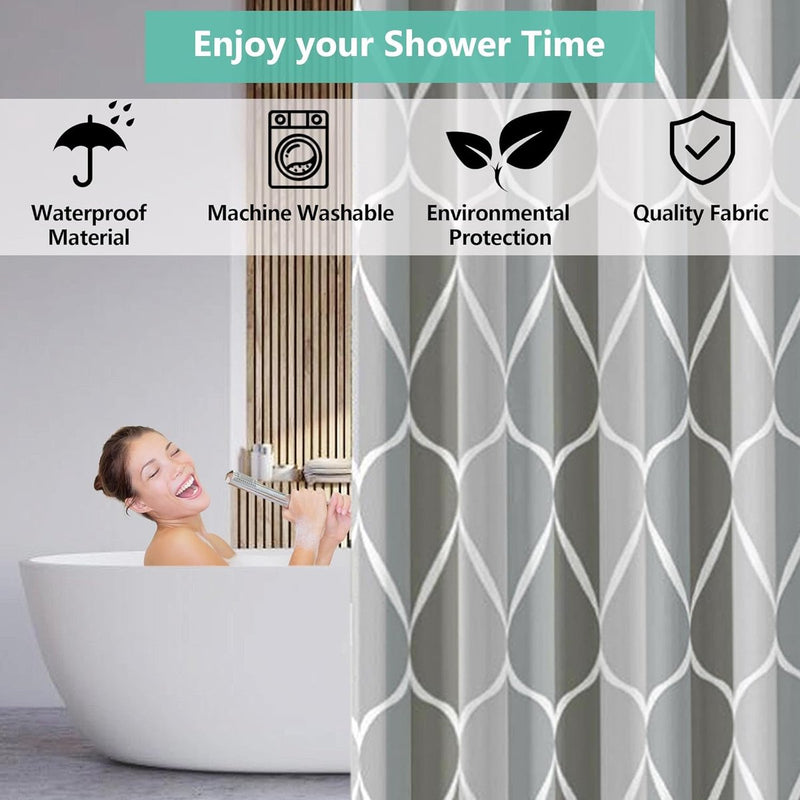 Douchegordijn, 240 x 200 cm, waterdicht, textiel, wasbaar, met 12 douchegordijnringen, polyester douchegordijn met gewicht aan de onderkant, meerkleurig, golven, grijs, ombre douchegordijn
