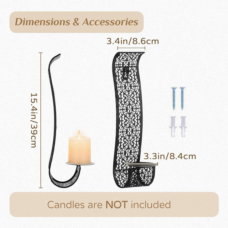 Wandkaarsenhouder, moderne wanddecoratie, zwart, set van 2 kaarsenhouders voor woonkamer, badkamerwanden, elegante wanddecoratie, hangende kandelaar