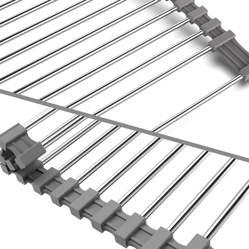 roestvrijstalen afdruiprek, opvouwbaar en afneembaar roestvrijstalen spoelbak, roldroogrek, roldroogrek, afvoergaasmand, 43 cm x 35 cm, grijs