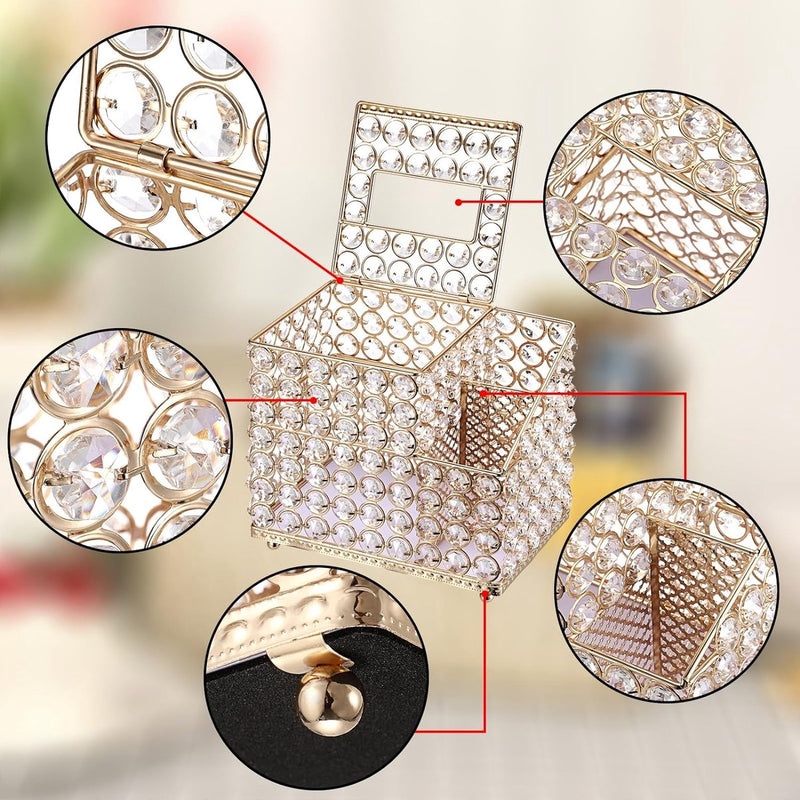 Household Cube Vierkante Tissuehouder Box met Multifunctionele Organizer Zijvak voor Afstandsbediening Vanity Make-up Cosmetics Pen Pencil (Goud)