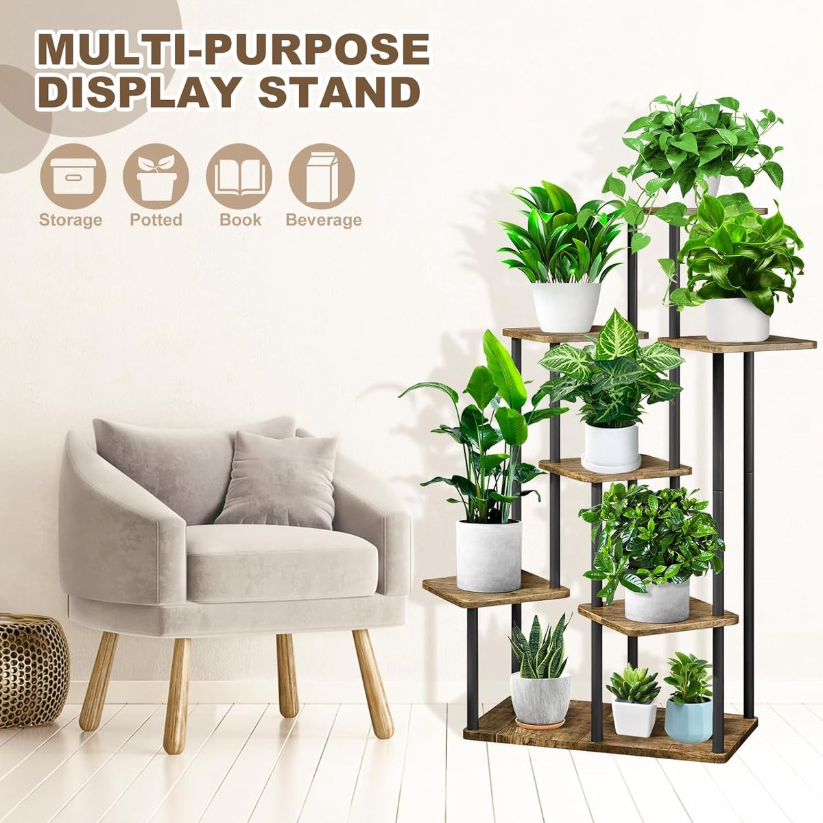 medla Plantenrek, hout, plantenrek met 9 plankjes op meerdere niveaus, voor binnen of buiten in de tuin of op balkon, decoratief, afmetingen: 115 x 25 x 96,5 cm