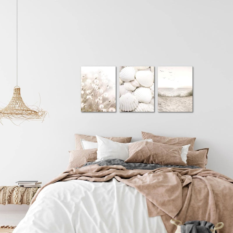 Klaar om op te hangen - wandafbeeldingen set schelpen zand - collage woonkamer N001735a, 30x40 cm - 3 foto's