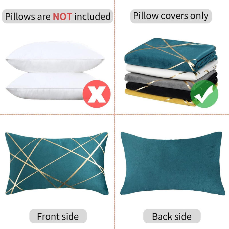 Set van 2 fluwelen kussenslopen, 30 x 50 cm, blauw-groen, geometrie, bronzen, sierkussen, kussenovertrek, bankkussen, decoratieve kussens, voor buiten, sierkussen, overtrek voor slaapkamer, bank, bed