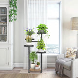 Plantenstandaard met 5 etages, hout, metaal, voor binnen en buiten, hoek bloemenstandaard, plantenrek voor meerdere planten, modern bloemenrek voor terras, tuin, balkon, woonkamer (zwart)