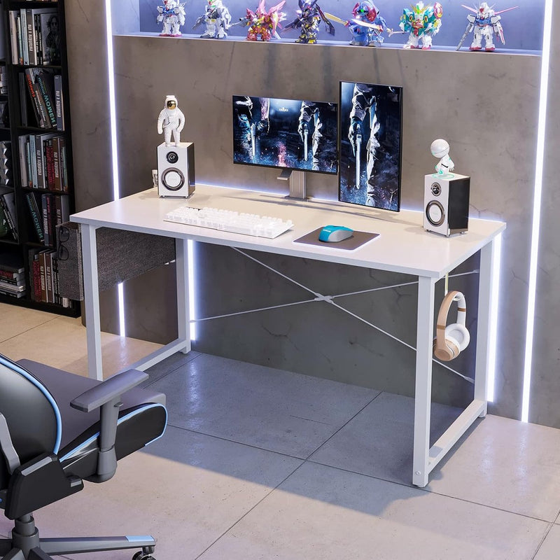 Bureau, wit, 120 x 50 x 74 cm, computertafel met koptelefoonhouder en opbergtas, klein bureau, werkkamer, hout, pc-tafel, kantoortafel voor thuis, kantoor