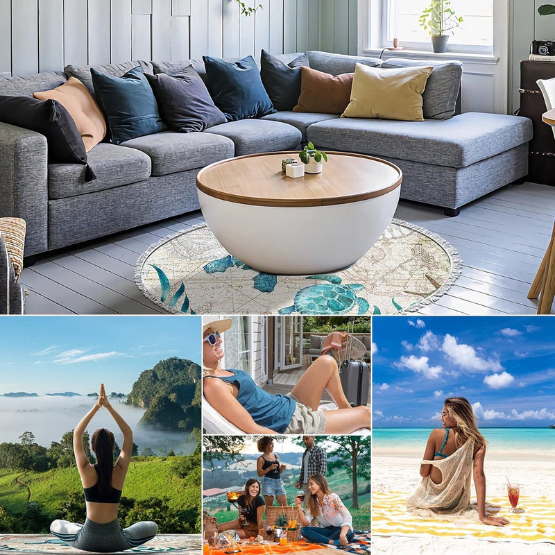 Ronde strandhanddoek, microvezel strandhanddoek XXL, zeeschildpad badhanddoek, groot 150 cm, voor stranddeken, yogamat, handdoeken met kwastjes, (blauw-schildpad 1)