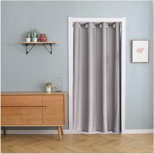 Deurgordijn met telescoopstang, eenvoudige montage zonder boren (grijs, 200 x 150 cm (HxB) en 70 tot 120 cm telescoopstang)