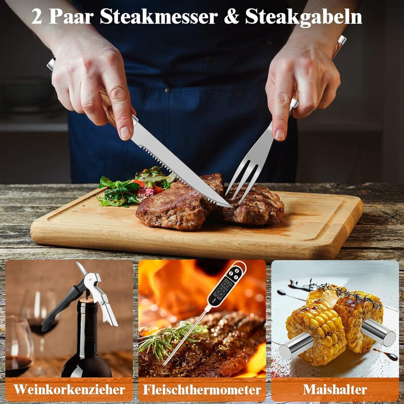 26 stuks roestvrij stalen barbecue-accessoires, hoogwaardige BBQ-grillbestek, koffer, perfecte grillgereedschapsset voor mannen, cadeau met draagbare opbergkoffer en vleesthermometer, bruin