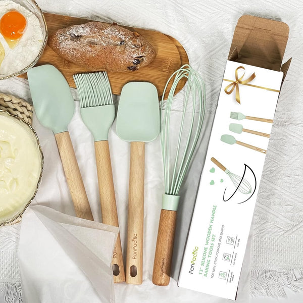 12" siliconen spatelset voor kookgerei met antiaanbaklaag, panpacific siliconen spatel hittebestendig met siliconen schraper/borstel/garde, siliconen bakgerei set 4-delig (mintgroen)
