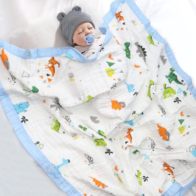 Deken 6-laags knuffeldeken baby katoen 110 x 110 cm mousseline babydeken wikkeldeken zachte deken voor badhanddoek, kinderdeken pasgeborenen unisex (neushoorns dinosaurus)