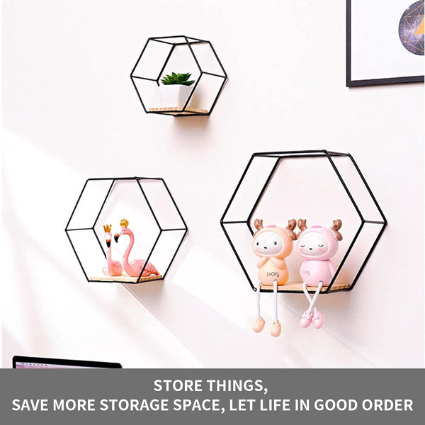 Set van 3 hexagon wandplanken, hangrek, metaal en hout, zwevend rek, wandopslag, organizer voor keukenrek, badkamer, slaapkamer, wanddecoratie (zwart)