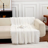 Grote banksprei voor 3-zitsbank met decoratieve kwastjes, dubbelzijdige bankhoes banksprei voor bank en bed, ruitpatroon met bladeren en bloemen - wit, 180 x 300 cm