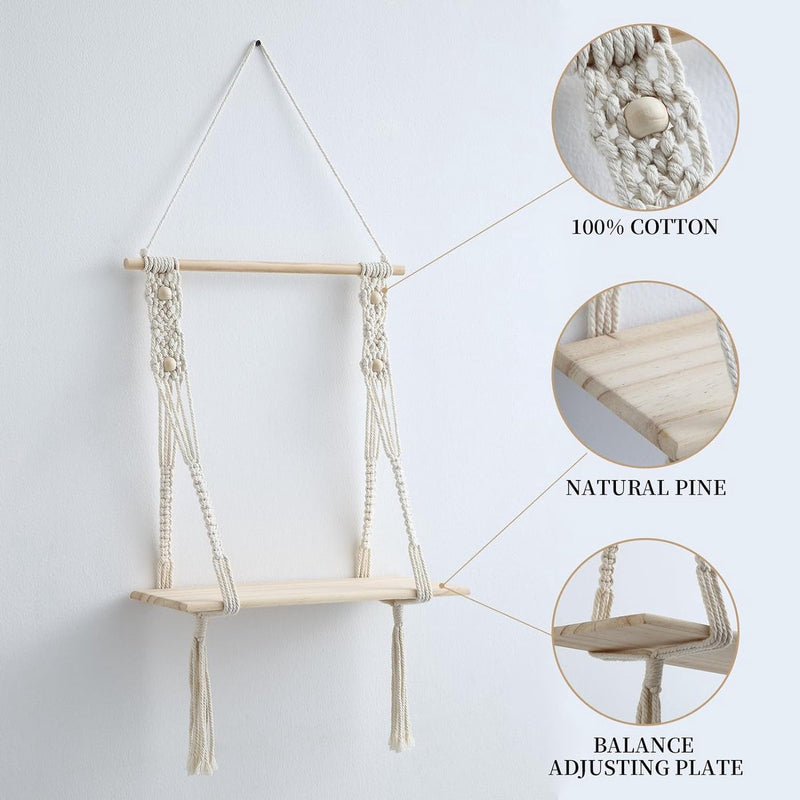 Wandplank Houten Boheemse Wandplank Handgemaakte Macrame Wanddecoratie met LED-verlichting Geschikt voor Woonkamer Wanddecoratie Kamerdecoratie