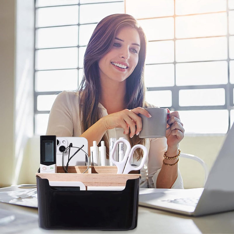 Houten desktoppen, 5 vakken, houten bureau-organizer, bureau-afstandsbedieninghouder met afneembare vakken, houten bureau-opbergdoos, multifunctionele opbergdoos voor kantoor, school en huishouden (B)