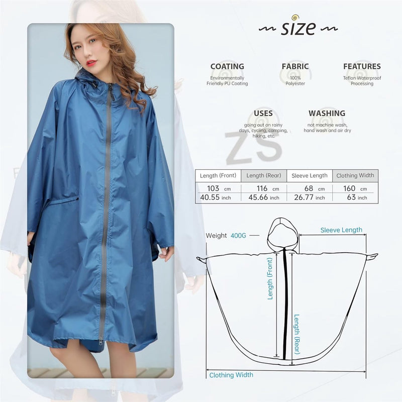 Waterdichte regenponcho voor dames en heren, herbruikbaar, lichte outdoor regenjas, ritssluiting, regenkleding, regenjas met capuchon