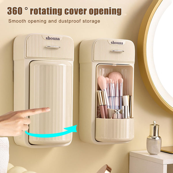 Draaibare make-uporganizer, wandmontage, 360 graden draaibare cosmeticabox met laden, gesloten penseelhouder, cosmetica-opslag voor Skincare lippenstift, borstel, parfum, commode, wit