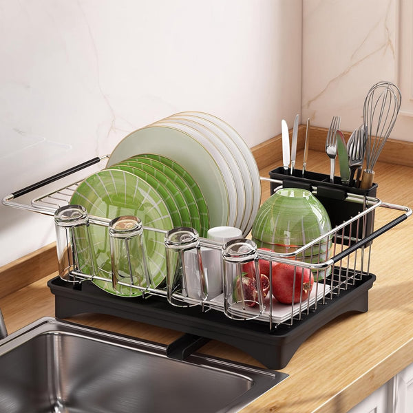 afdruiprek voor gootsteen - dubbel gebruik voor werkbladen en gootstenen, afdruiprek voor gootsteen, afdruiprek boven de gootsteen met afdruiprek, keukengerei en bekerhouder, zwart